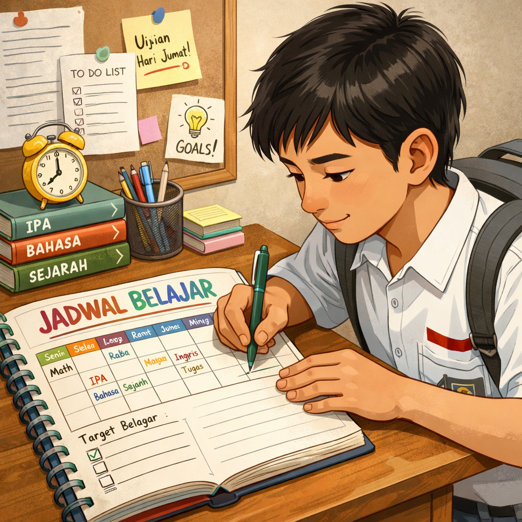 Siswa Indonesia sedang menyusun cara mengatur jadwal belajar efektif di meja belajar